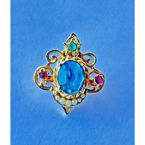 Coro signed vintage aqua blue rhinestone & faux pearl brooch pin goldtone 1" - Picture 8 of 13